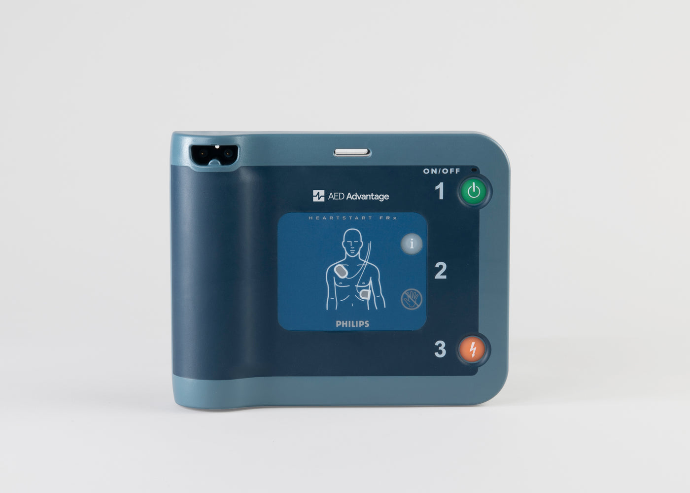A blue Philips FRx AED