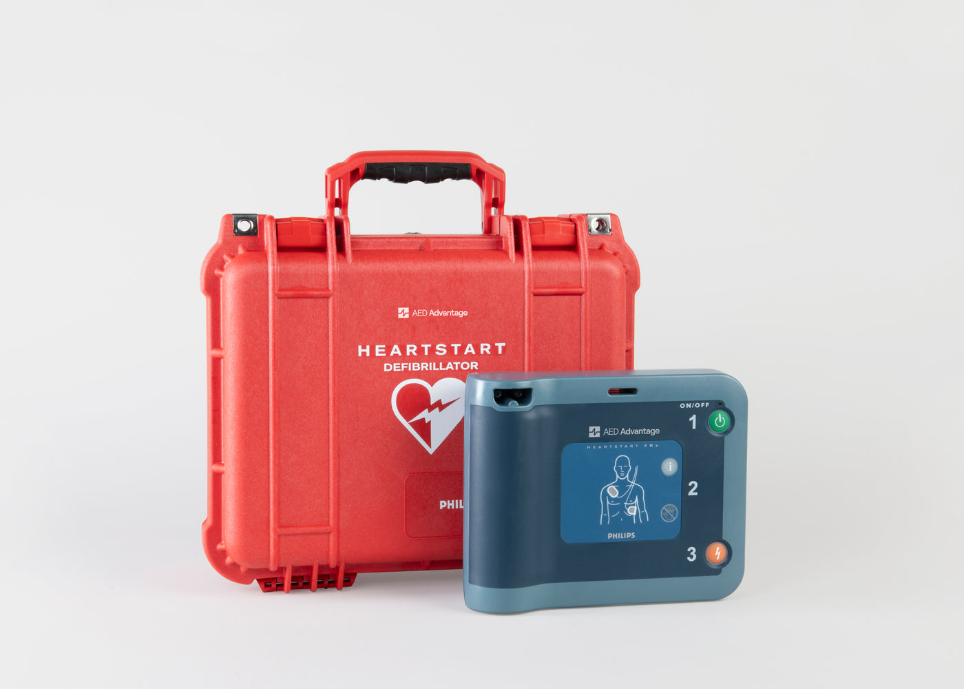A blue Philips FRx AED standing next to a bright red hardshell carry case