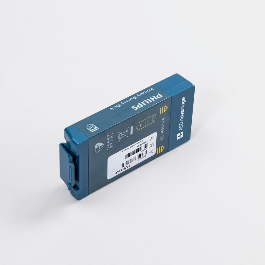 A small blue rectangular battery pack for the Philipis OnSite and FRx defibrillators