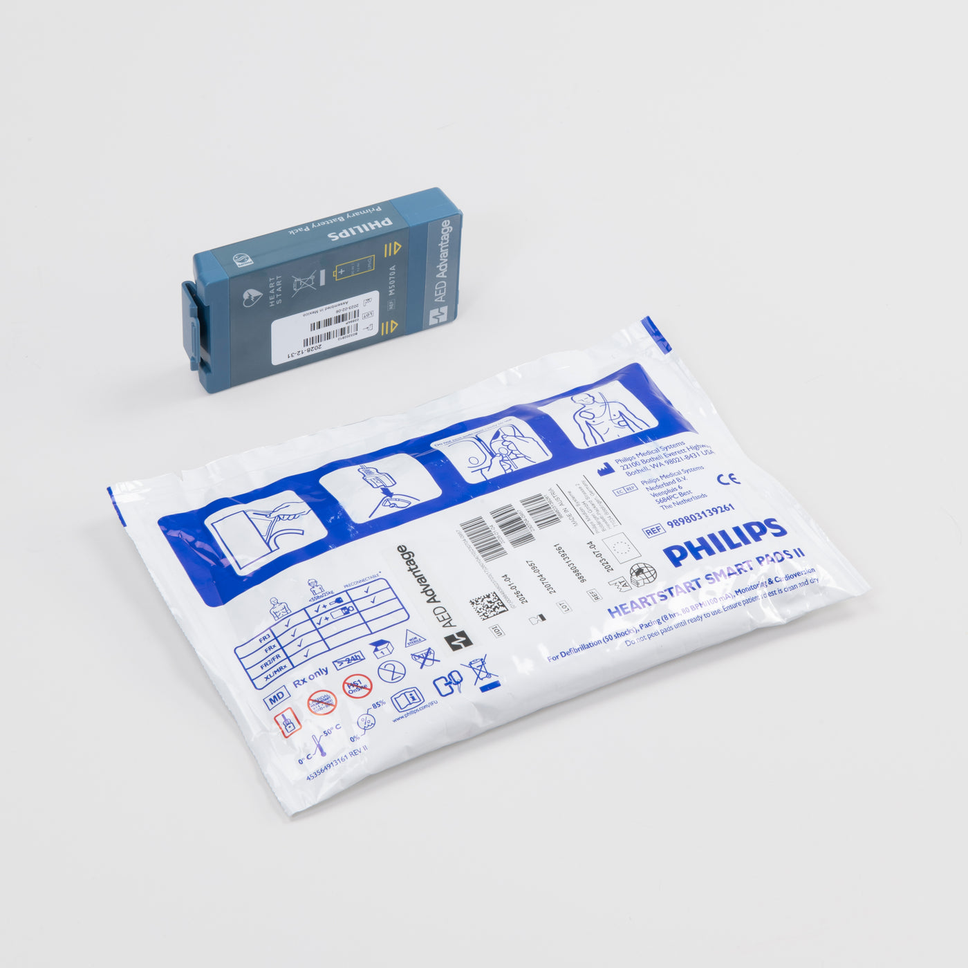 White electrodes package and blue battery pack for the Philips FRx Defibrillator