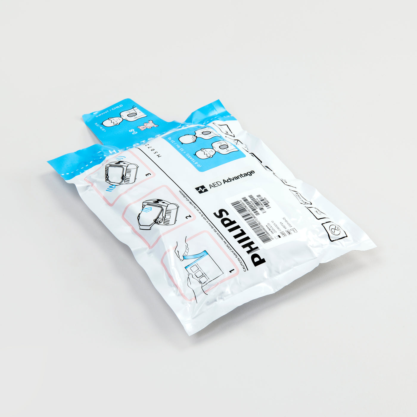 A white and blue rectangular foil package containing pediatric electrodes for the Philips OnSite Defibrillator