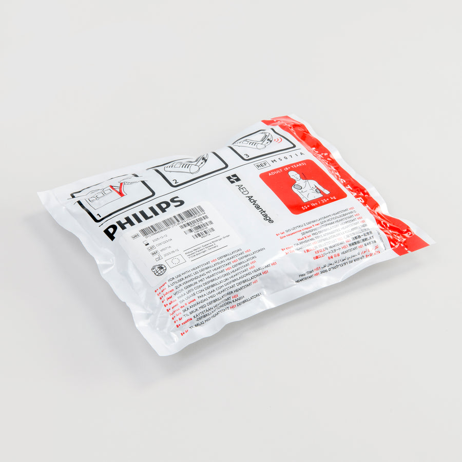 A white and red foil package containing adult electrodes for the Philips OnSite defibrillator