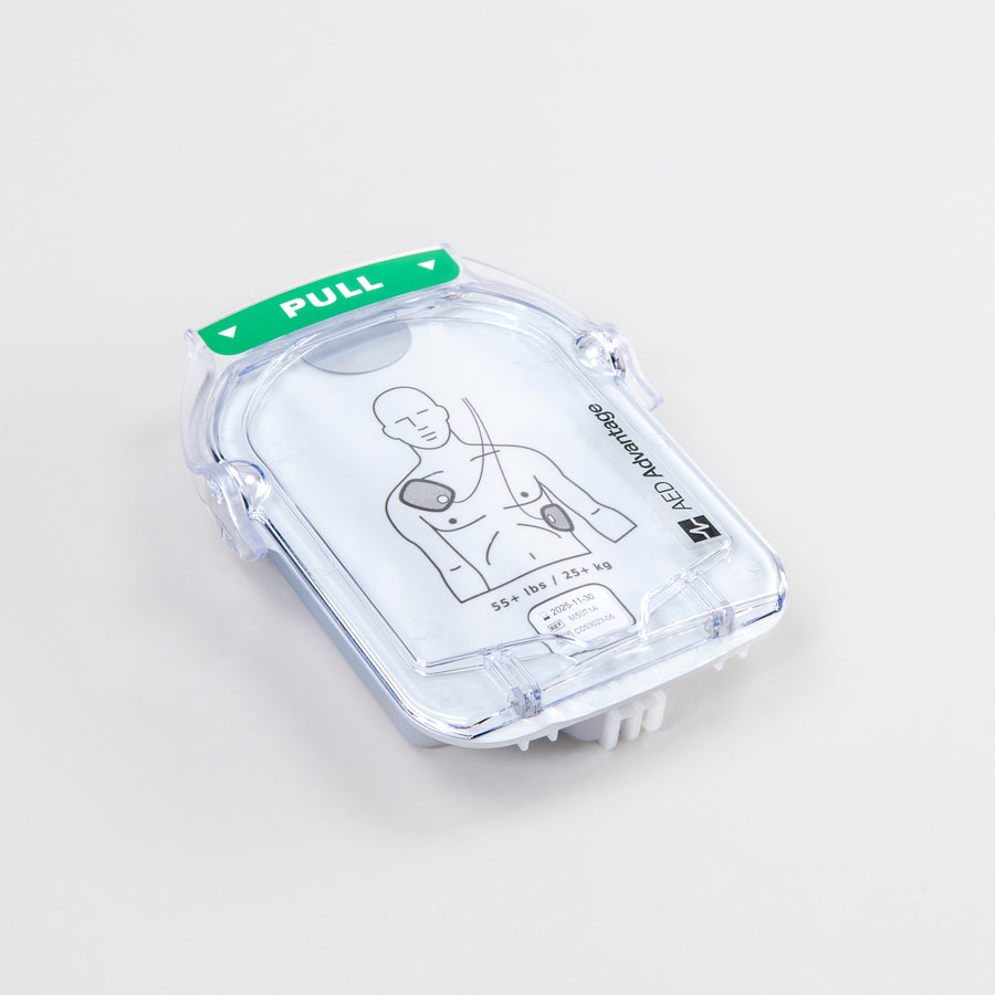 A transparent rectangular cartridge containing adult electrodes for the Philips OnSite defibrillator