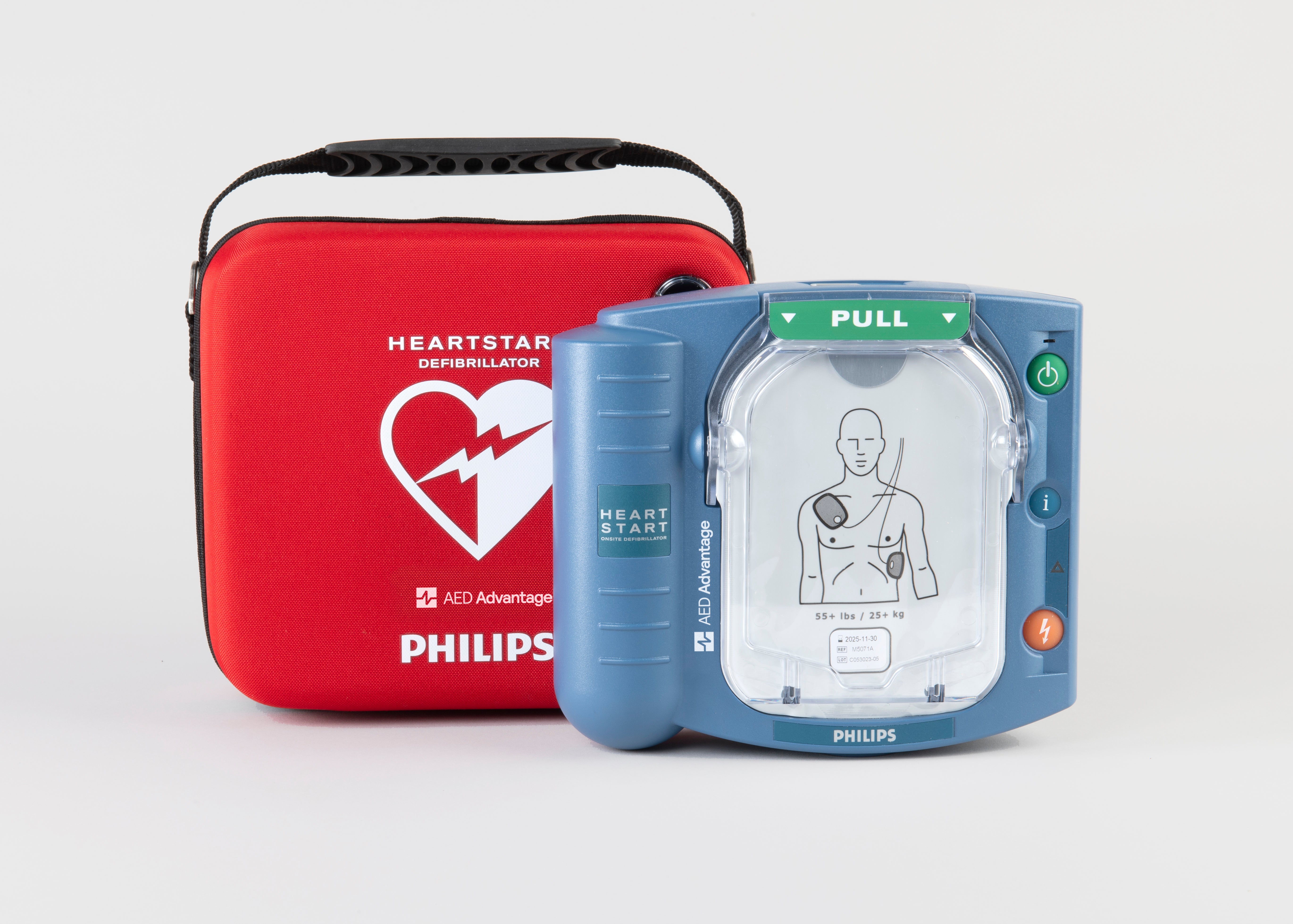 A blue Philips OnSite AED standing nexto its bright red carry case