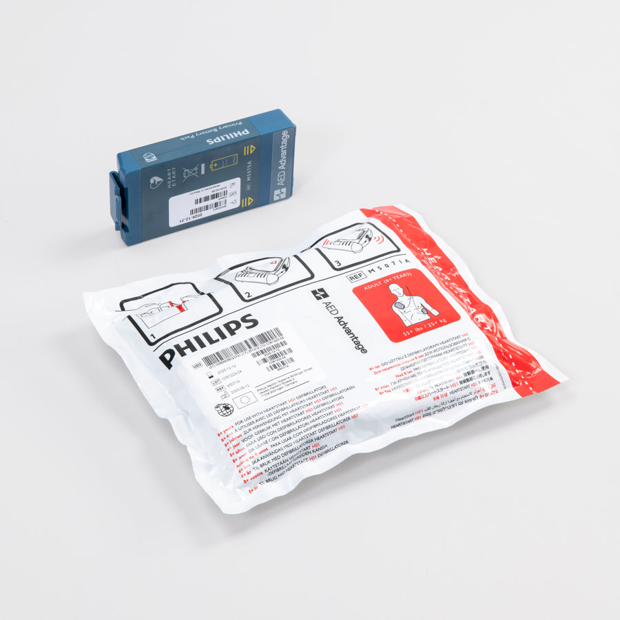 White electrodes package and blue battery pack for the Philips OnSite Defibrillator