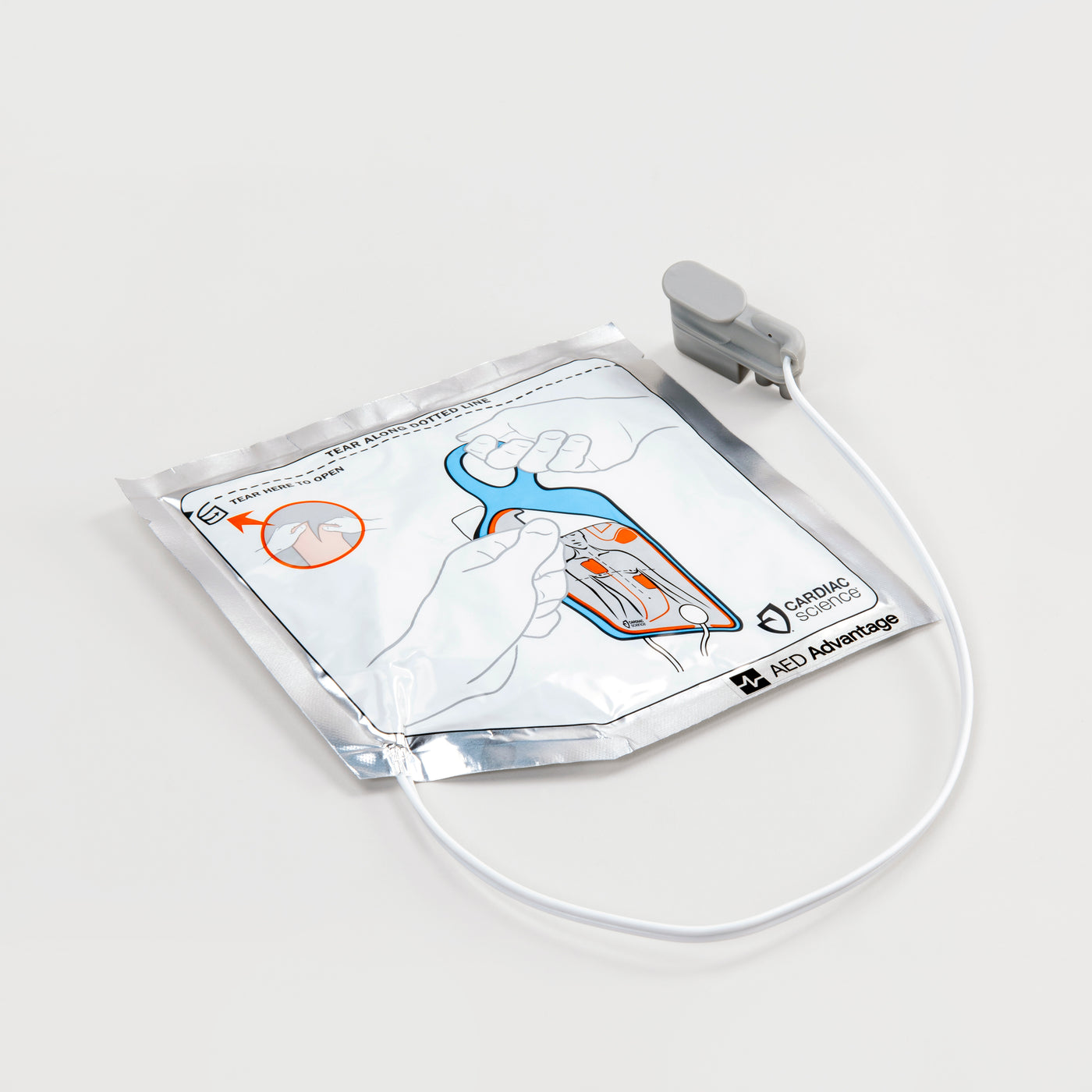 A white and silver square foil package containing adult electrodes for the Powerheart G5 defibrillator
