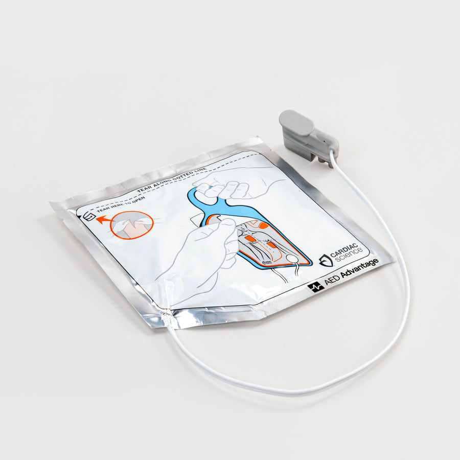 A white and silver square foil package containing adult electrodes for the Powerheart G5 defibrillator