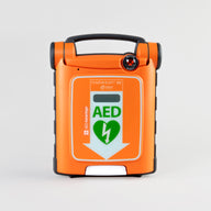 An orange Powerheart G5 AED with a dark gray carry handle