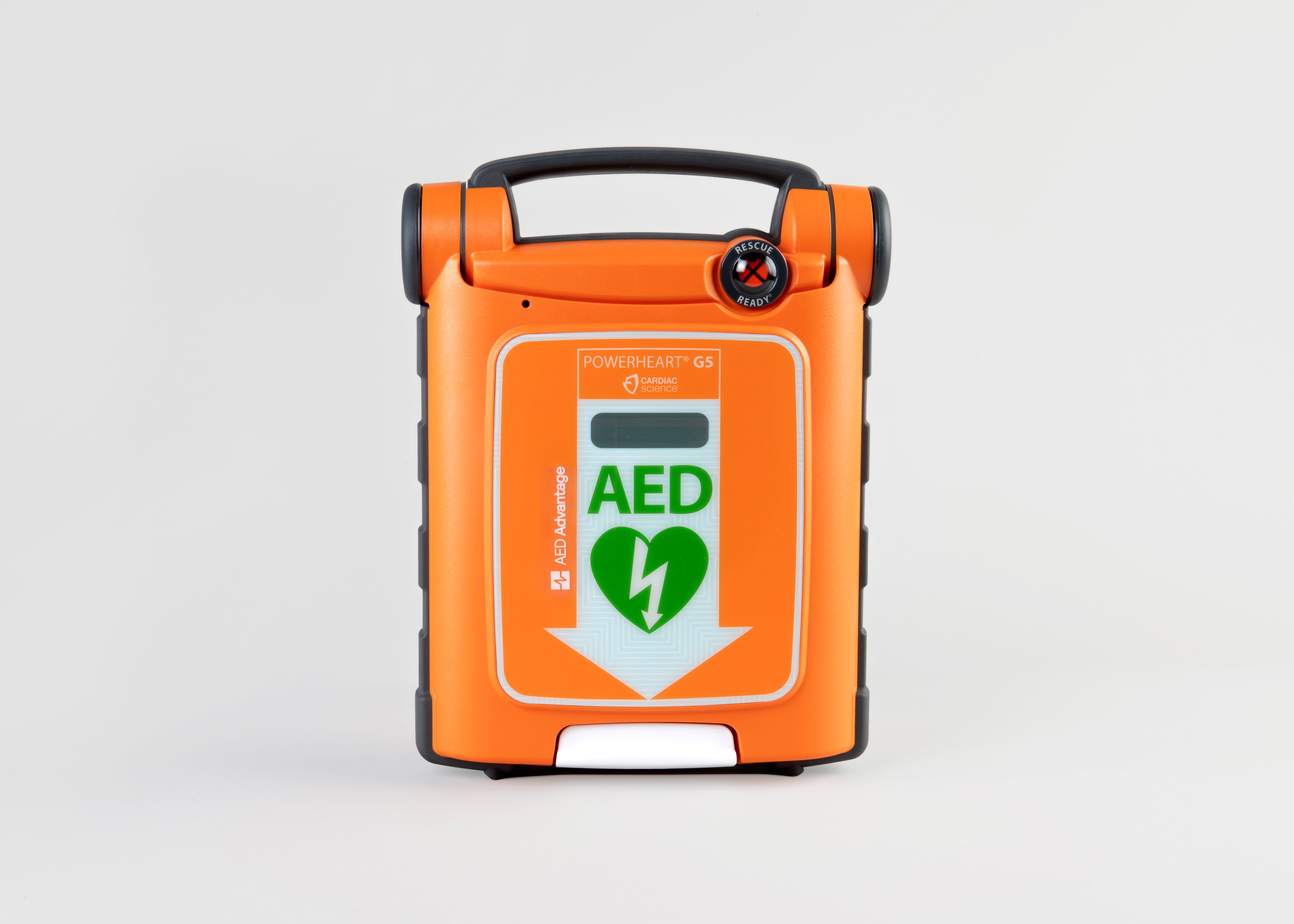 An orange Powerheart G5 AED with a dark gray carry handle