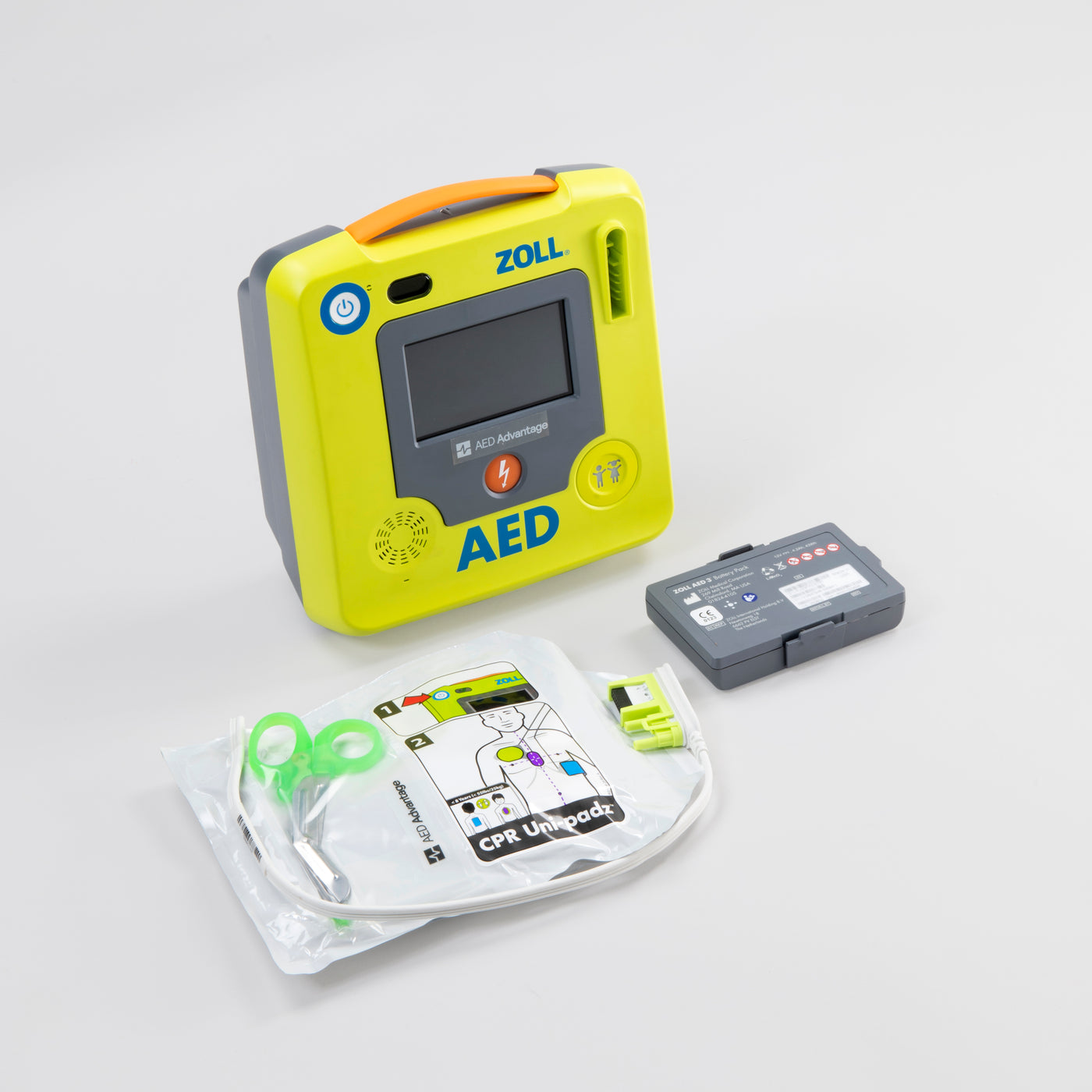 A green ZOLL AED 3 machine with its pads and battery