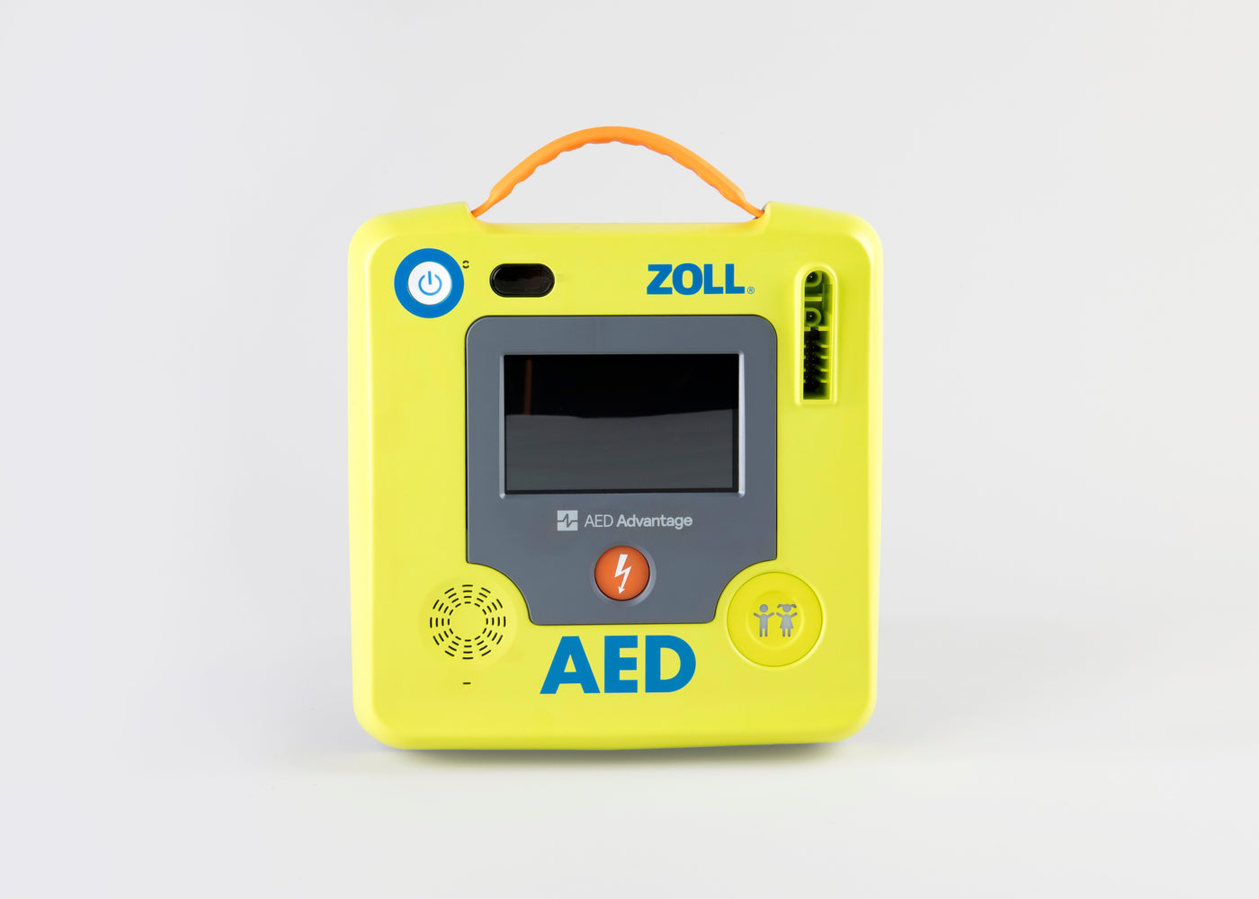 A green ZOLL AED 3 machine with an orange carry handle