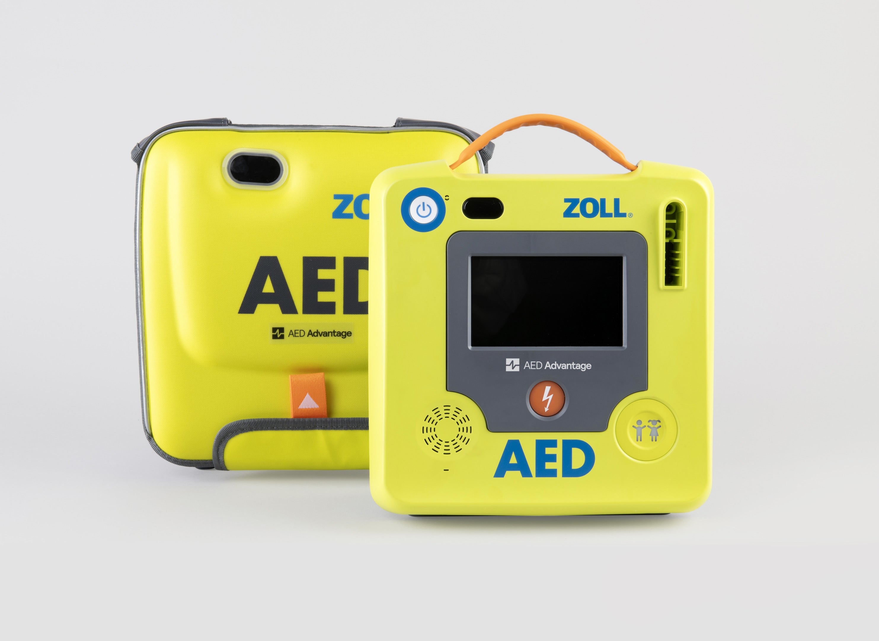 A green ZOLL AED 3 machine standing next to its green semi-rigid carry case