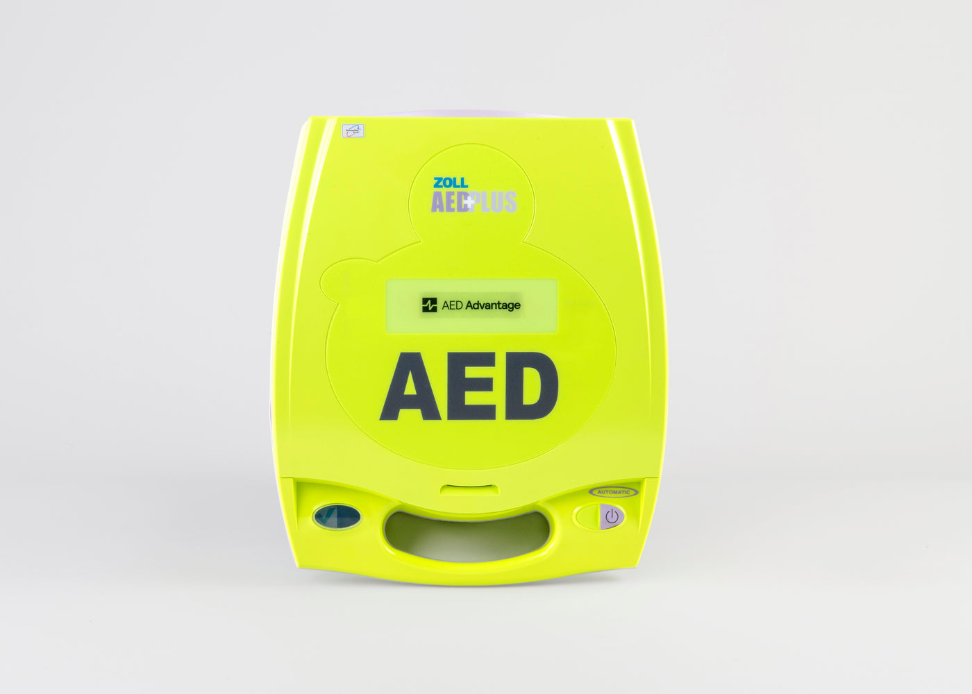 A green ZOLL AED Plus machine displayed with a gray background