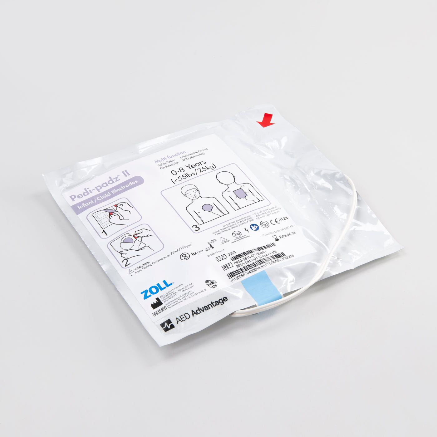 ZOLL AED Plus pediatric electrodes encased in a white foil package with a white connector cord