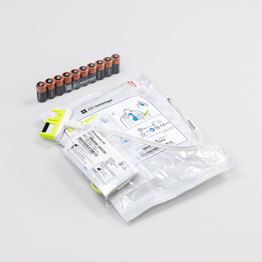 White electrodes package and a set of 10 battery packs for the ZOLL Plus defibrillator