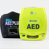 A green ZOLL AED PLus displayed with its black softshell carry case